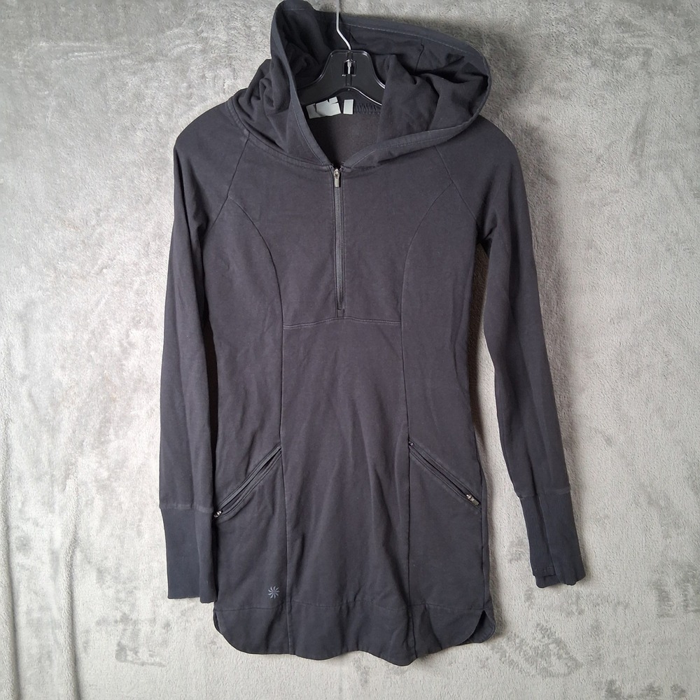 Athleta Women Black Half Zip Hooded Tunic Sweatshirt Thumbholes 362814 XXS Faded